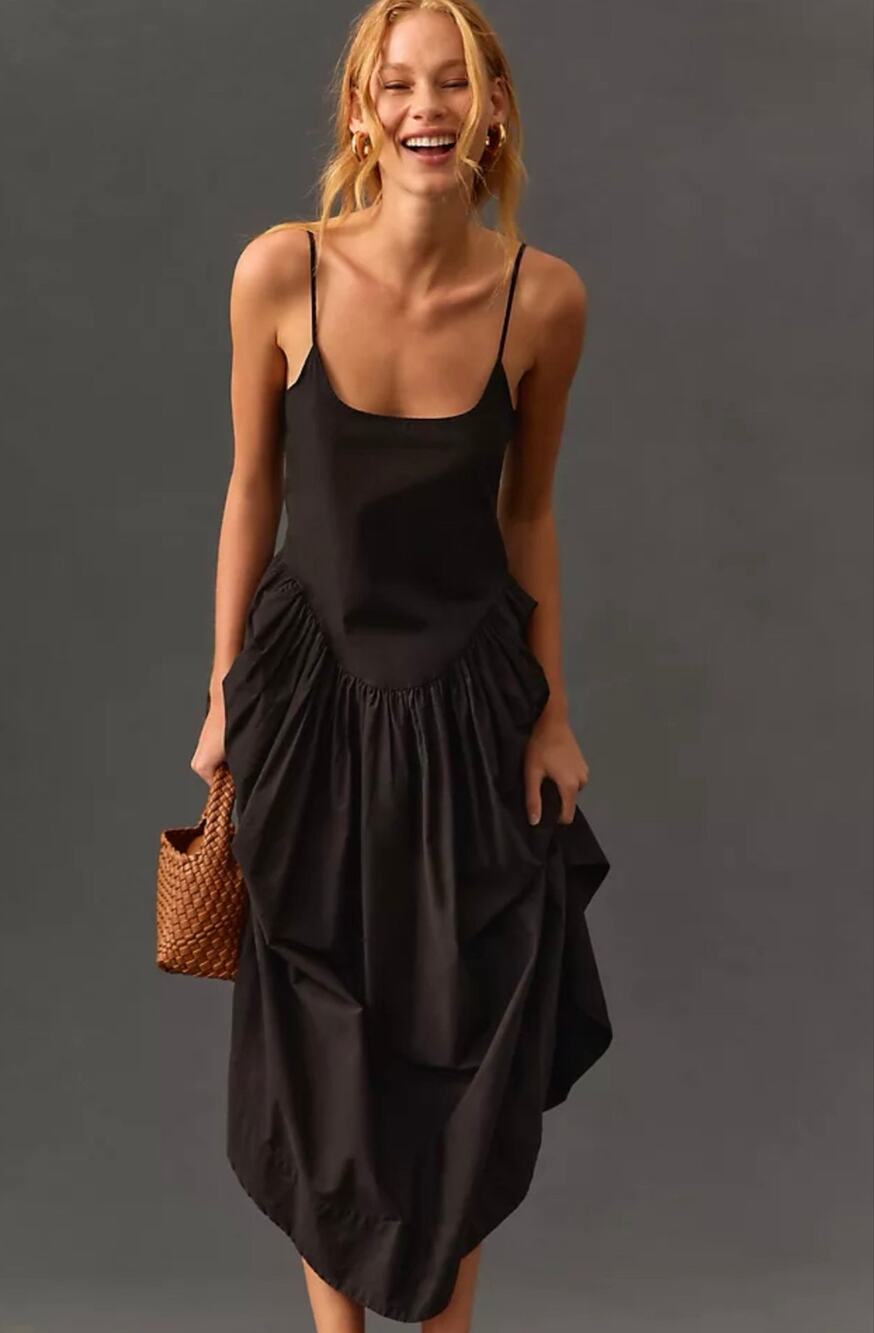 Meadow Rhodes Anthropologie Black Drop Waist Midi Dress Size M Smocked Back